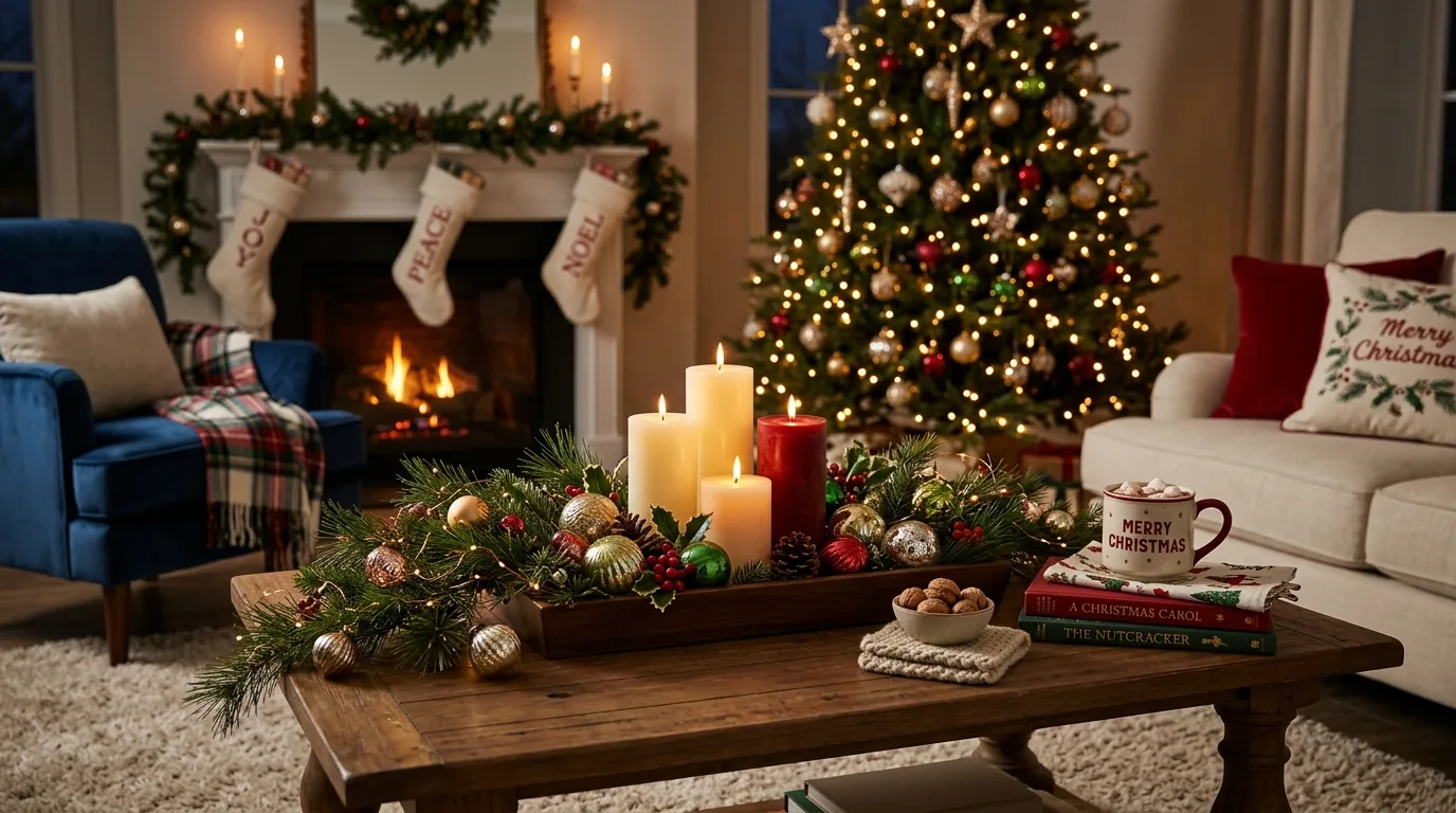 Layer cozy textiles into the seating areas inspiration for an indoor Christmas setting.